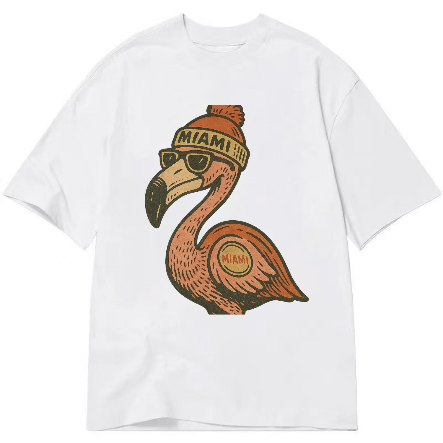 Miami Flamingo wearing Miami beanie with pom pom and wayfarer sunglasses - Classic T-shirt - White