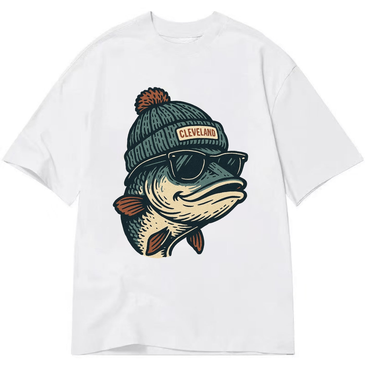Cleveland Lake Erie Walleye wearing Cleveland beanie with pom pom and wayfarer - Classic T-shirt - White