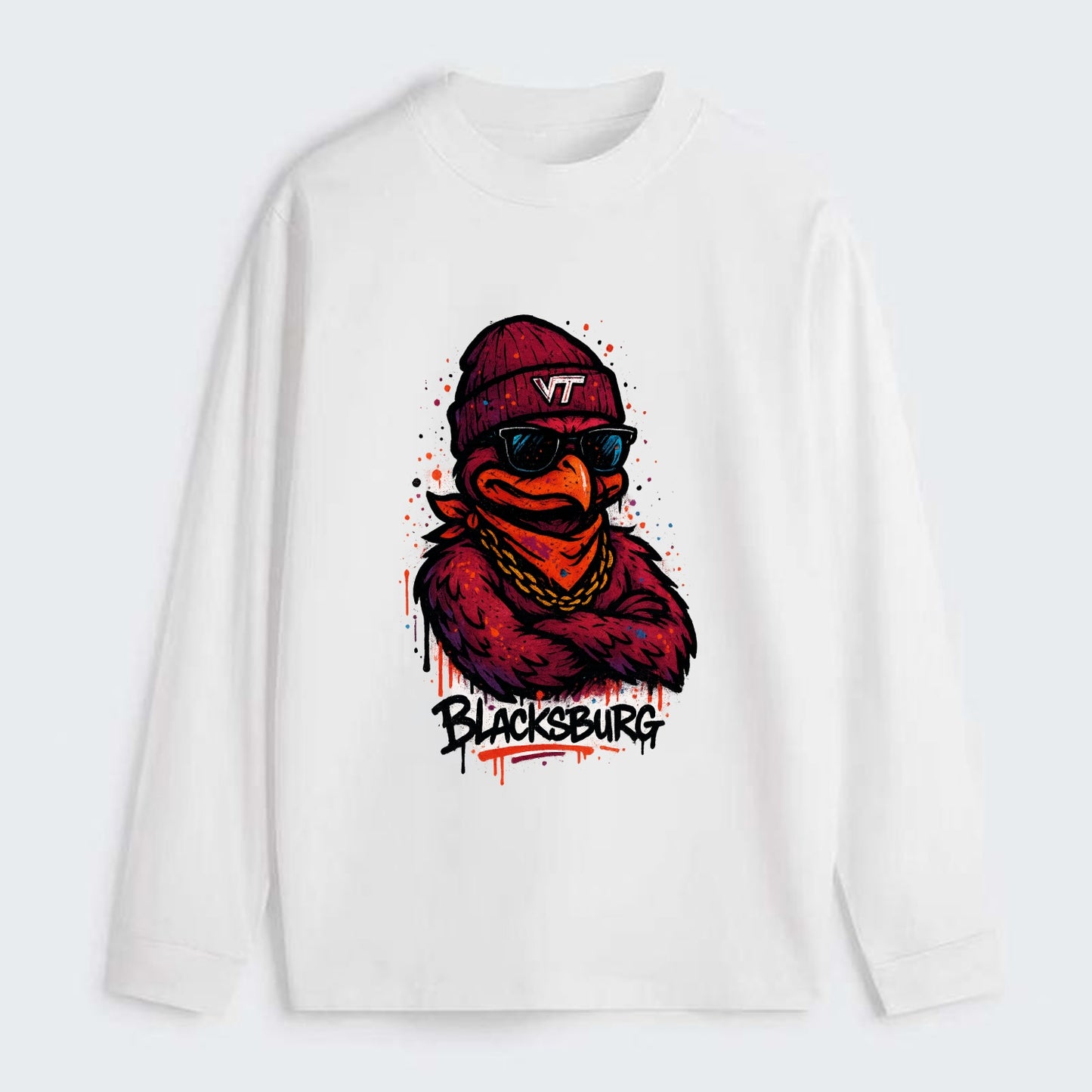 Blacksburg HokieBird wearing Virginia Tech beanie with VT patch - Classic Long Sleeve Shirt - White