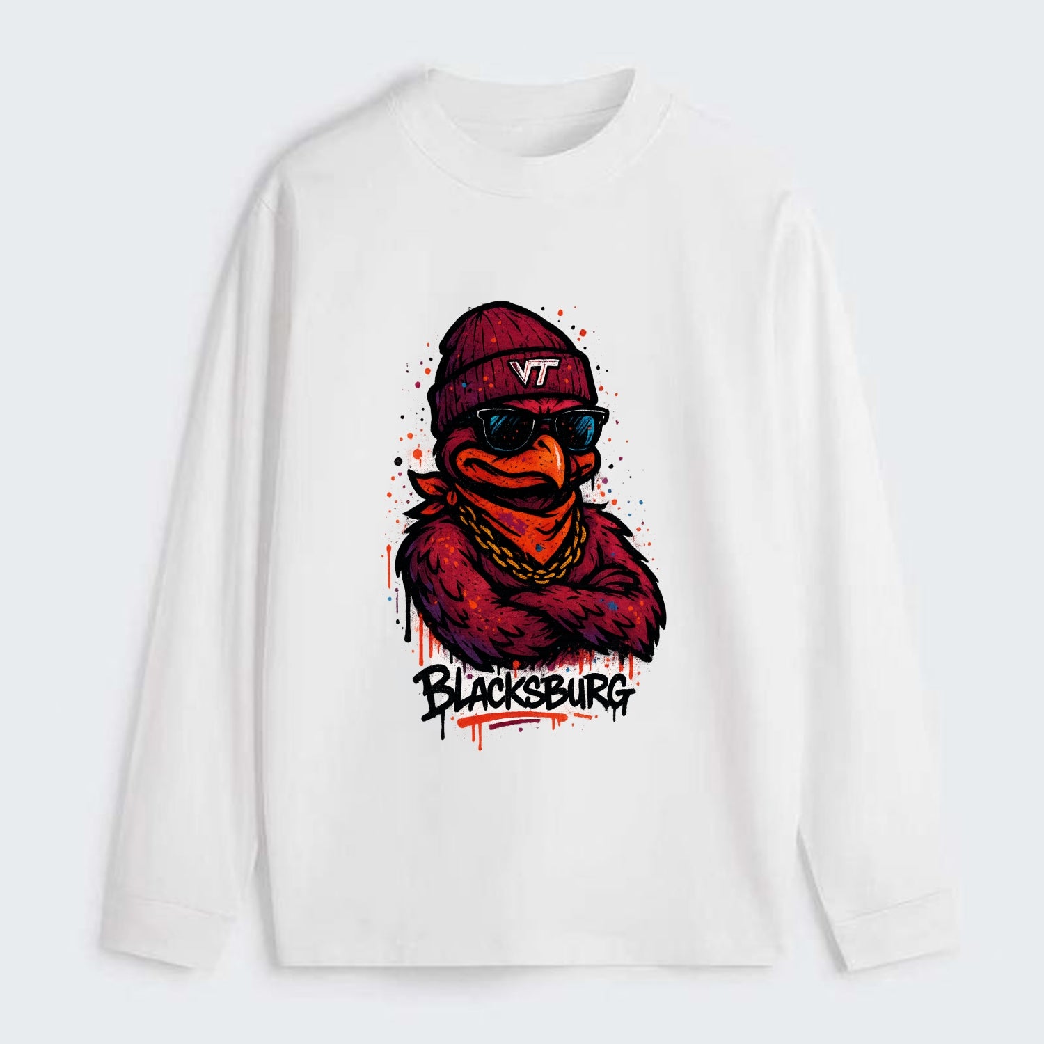 Blacksburg HokieBird wearing Virginia Tech beanie with VT patch - Classic Long Sleeve Shirt - White