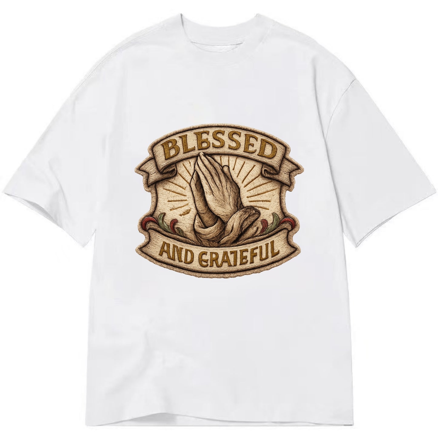 BLESSED AND GRATEFUL - praying hands with text in gold , thankful - Classic T-shirt - White