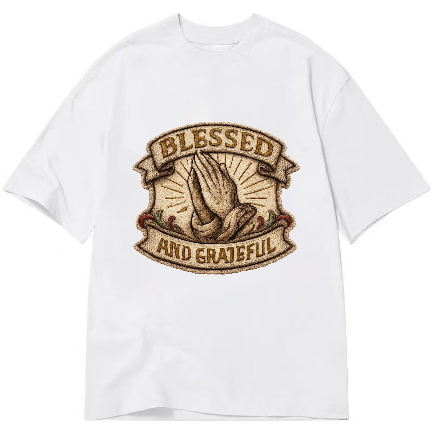 BLESSED AND GRATEFUL - praying hands with text in gold , thankful - Classic T-shirt - White