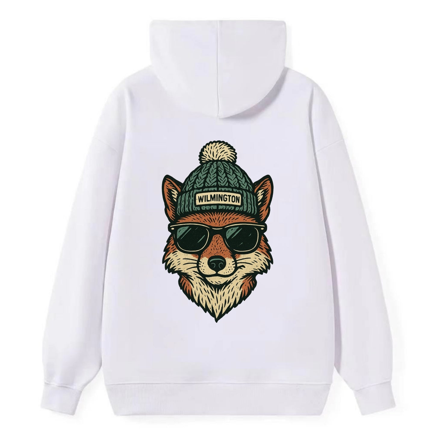 Delaware Gray Fox wearing Wilmington beanie with pom pom and wayfarer - Classic Pullover Hoodie - White