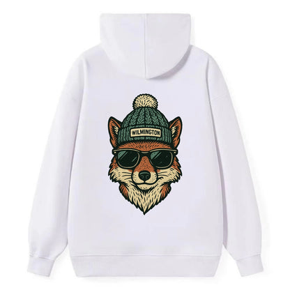 Delaware Gray Fox wearing Wilmington beanie with pom pom and wayfarer - Classic Pullover Hoodie - White