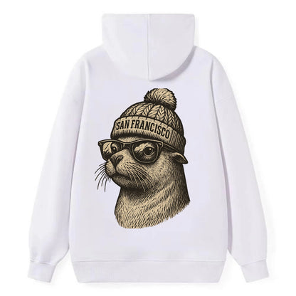 San Francisco Sea Lion wearing San Francisco beanie with pom pom and - Classic Pullover Hoodie - White