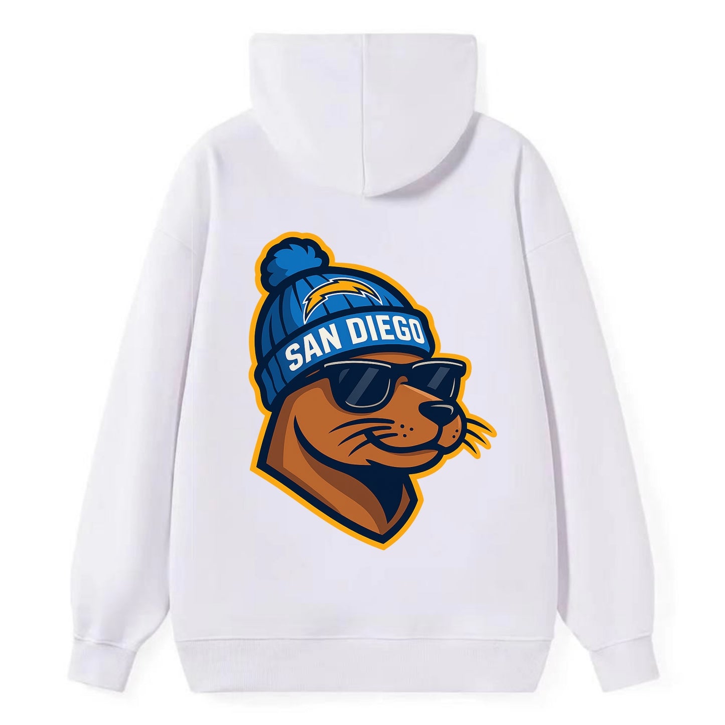 San Diego Sea Lion wearing Chargers beanie with bolt patch and wayfarer - Classic Pullover Hoodie - White