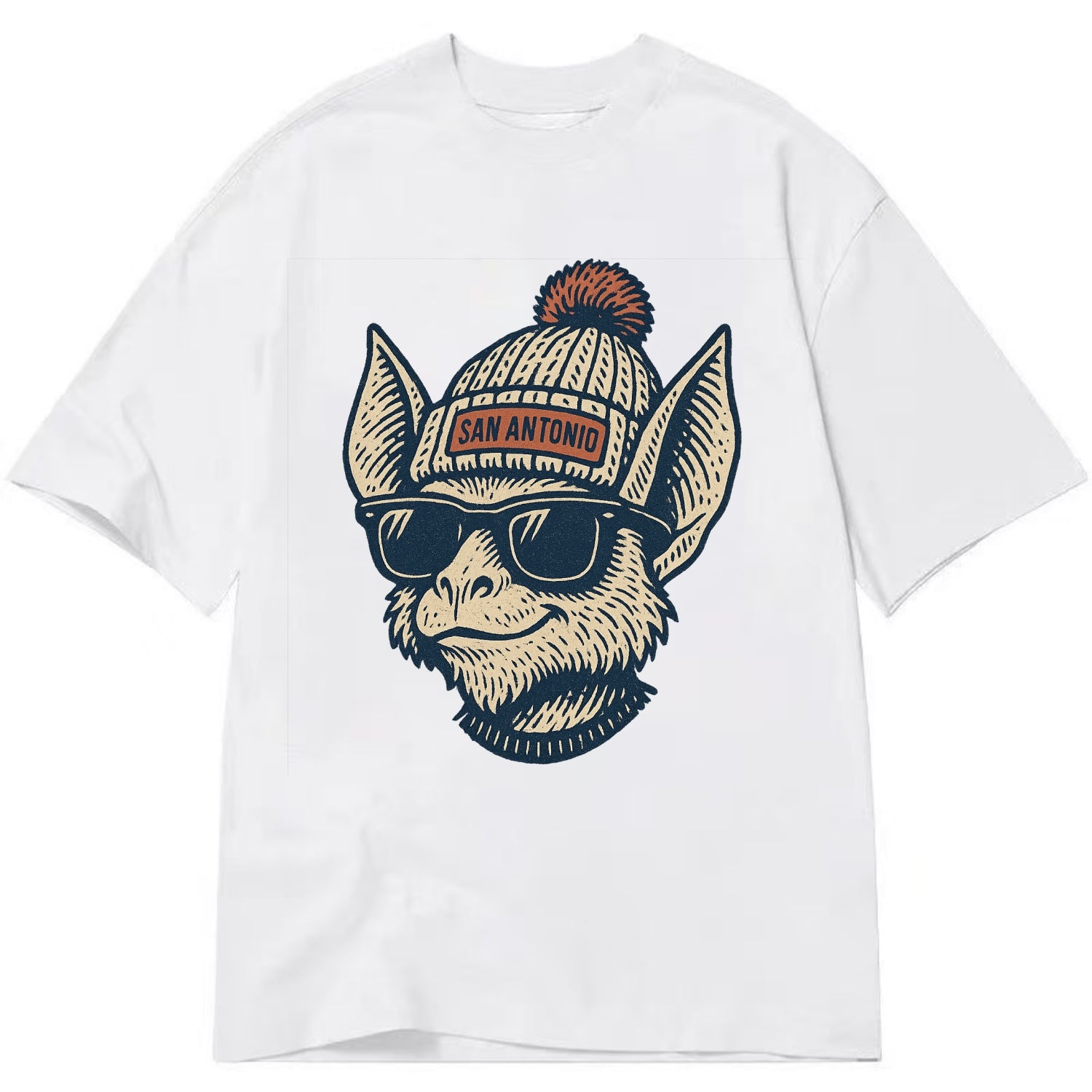 San Antonio Bat wearing San Antonio beanie with pom pom and wayfarer sunglasses - Classic T-shirt - White