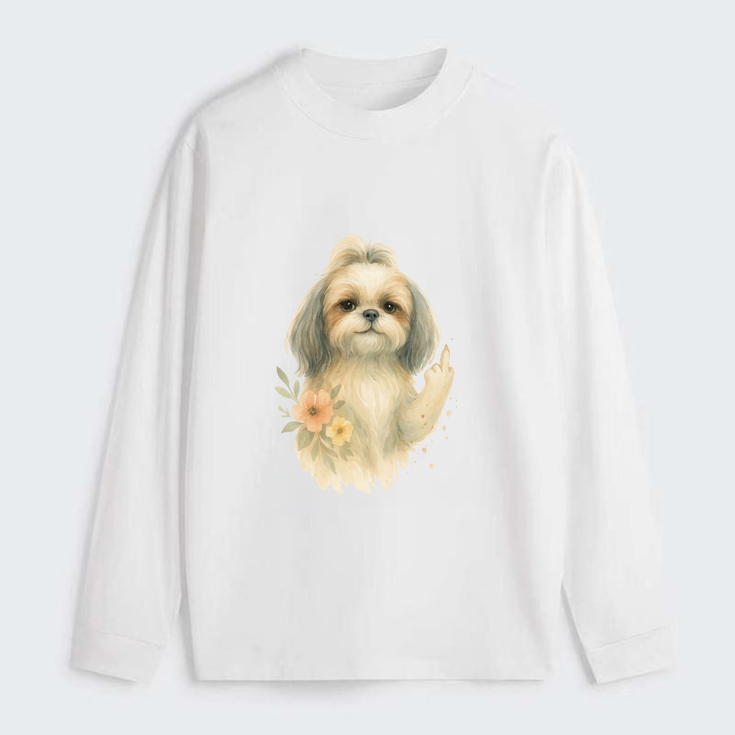 Shih Tzu with long flowing silky hair, tiny paw showing attitude - Classic Long Sleeve Shirt - White