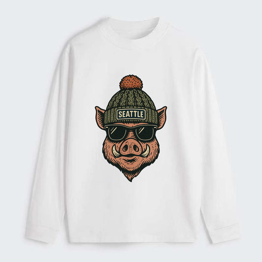 Washington Hog wearing Seattle beanie with pom pom and wayfarer - Classic Long Sleeve Shirt - White