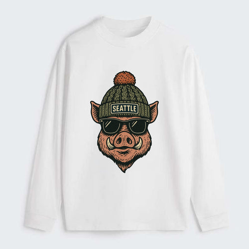 Washington Hog wearing Seattle beanie with pom pom and wayfarer - Classic Long Sleeve Shirt