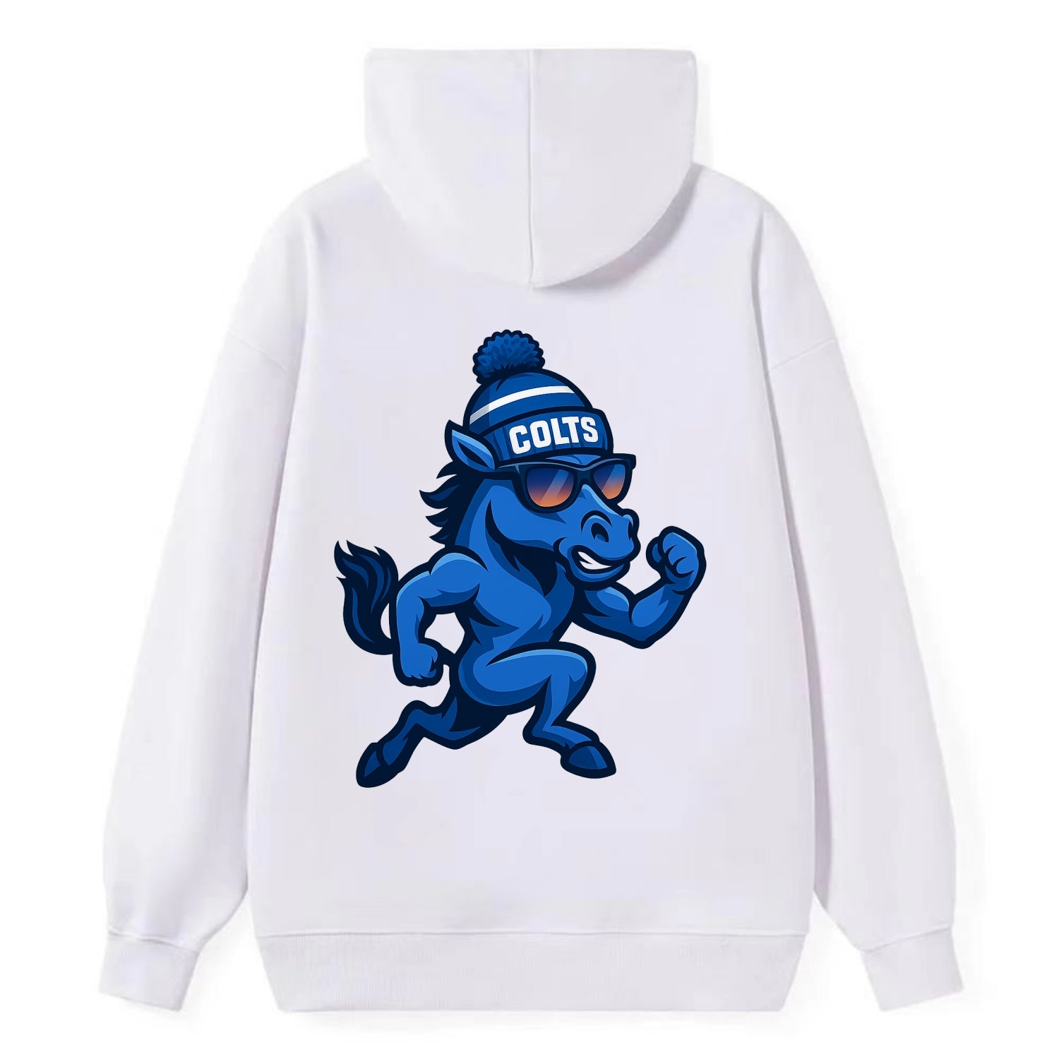 Indianapolis Colt Horse wearing Colts blue and white beanie with pom pom - Classic Pullover Hoodie - White