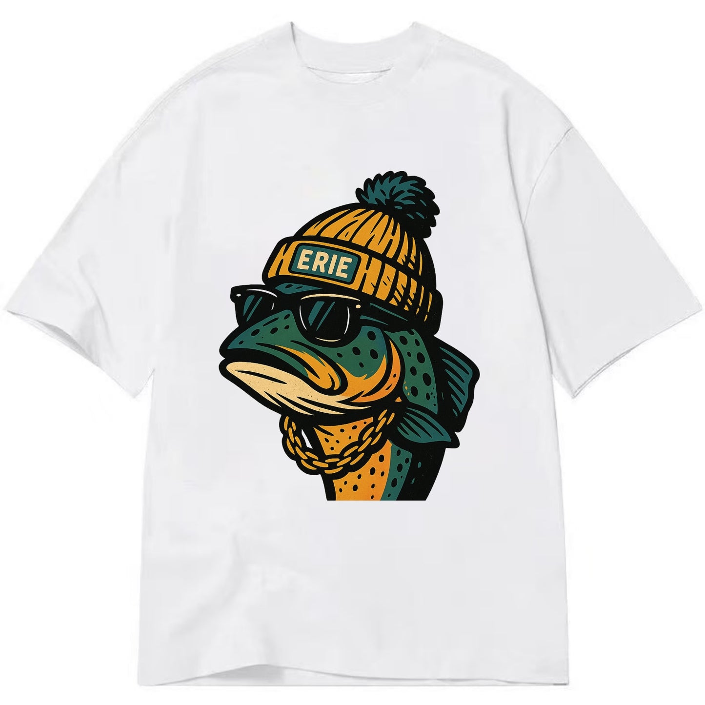 Erie Lake Trout wearing Erie beanie with pom pom and wayfarer sunglasses - Classic T-shirt - White