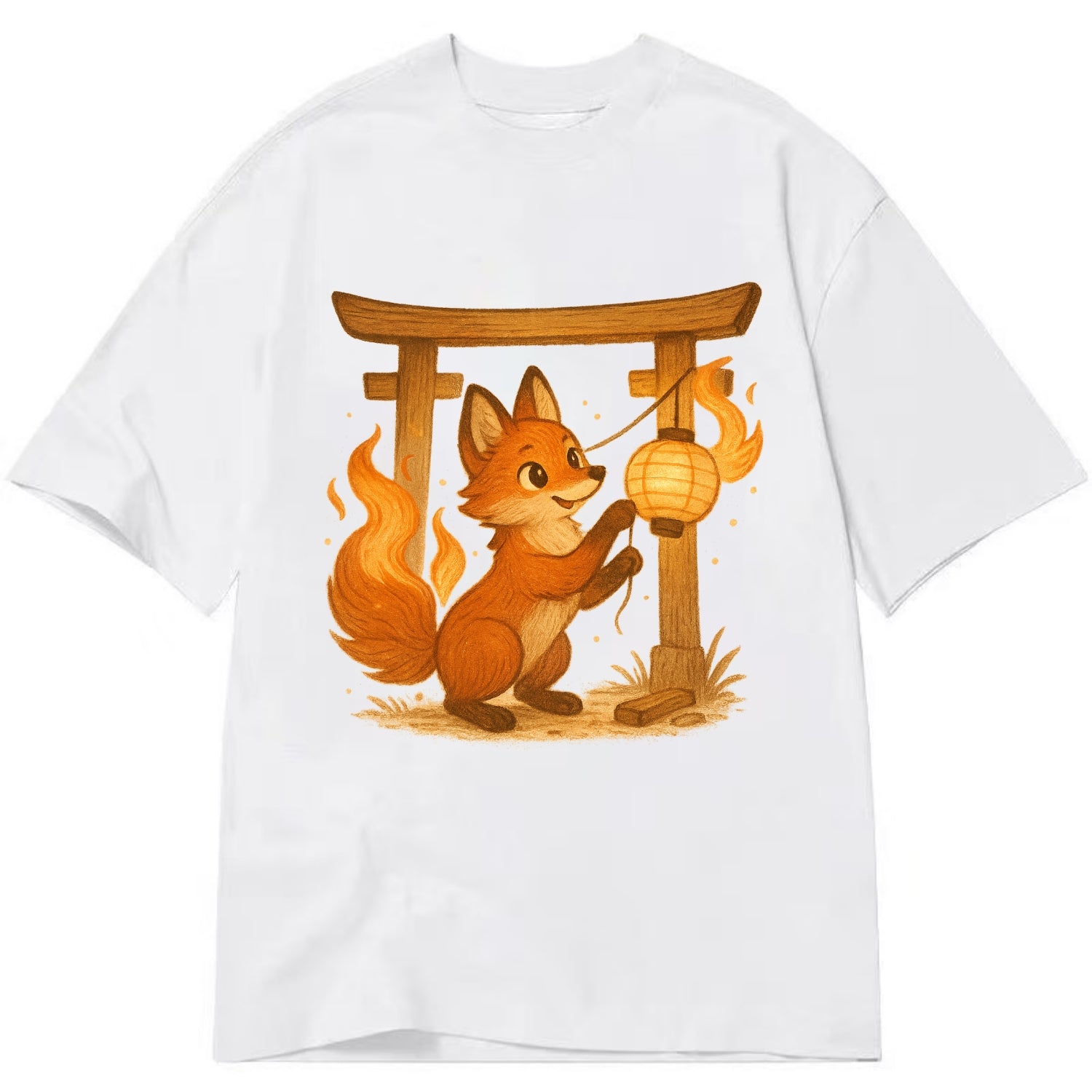 Foxfire kitsune stringing lanterns along a torii gate with tails of living flame - Classic T-shirt - White