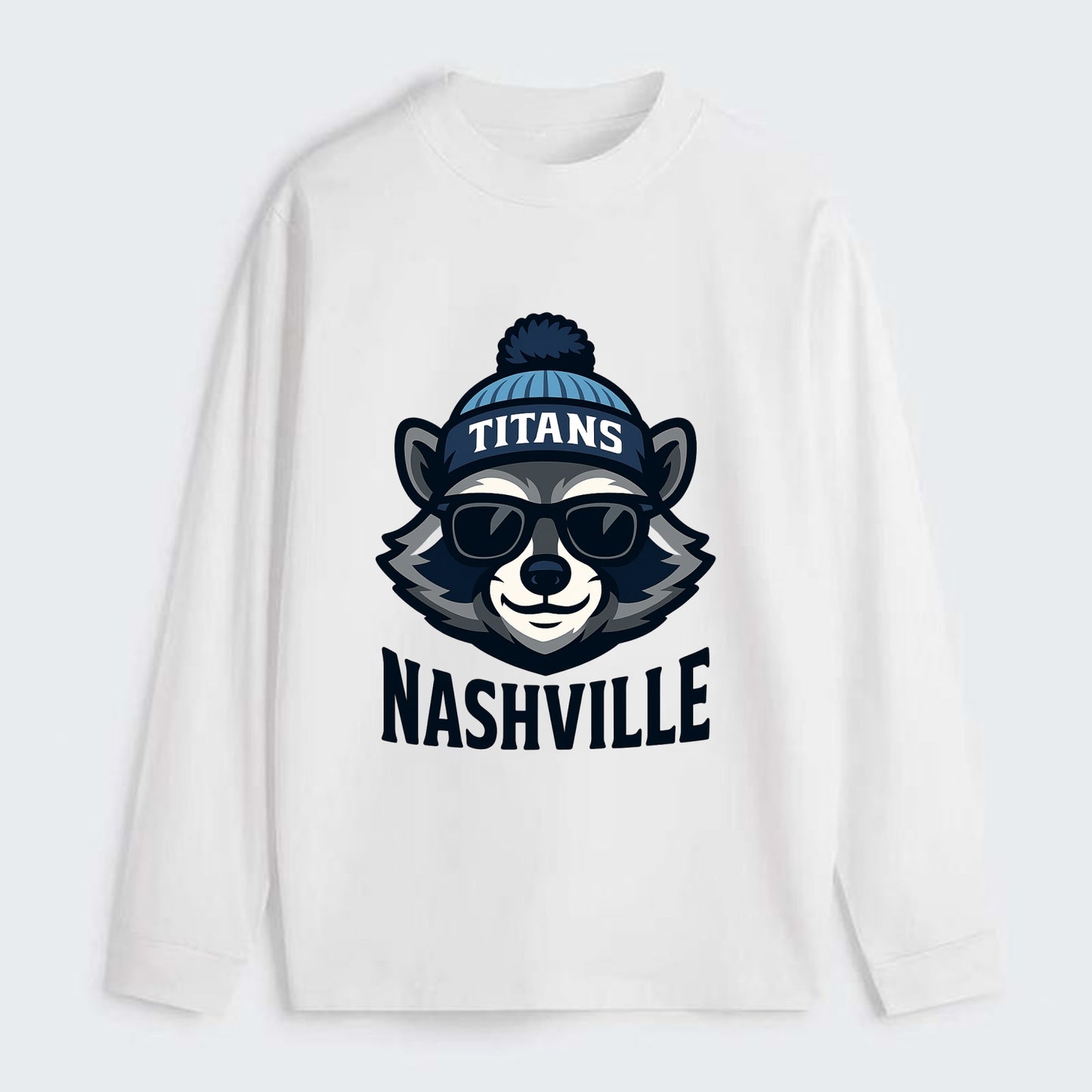 Nashville Raccoon wearing Titans navy and light blue beanie with pom - Classic Long Sleeve Shirt - White