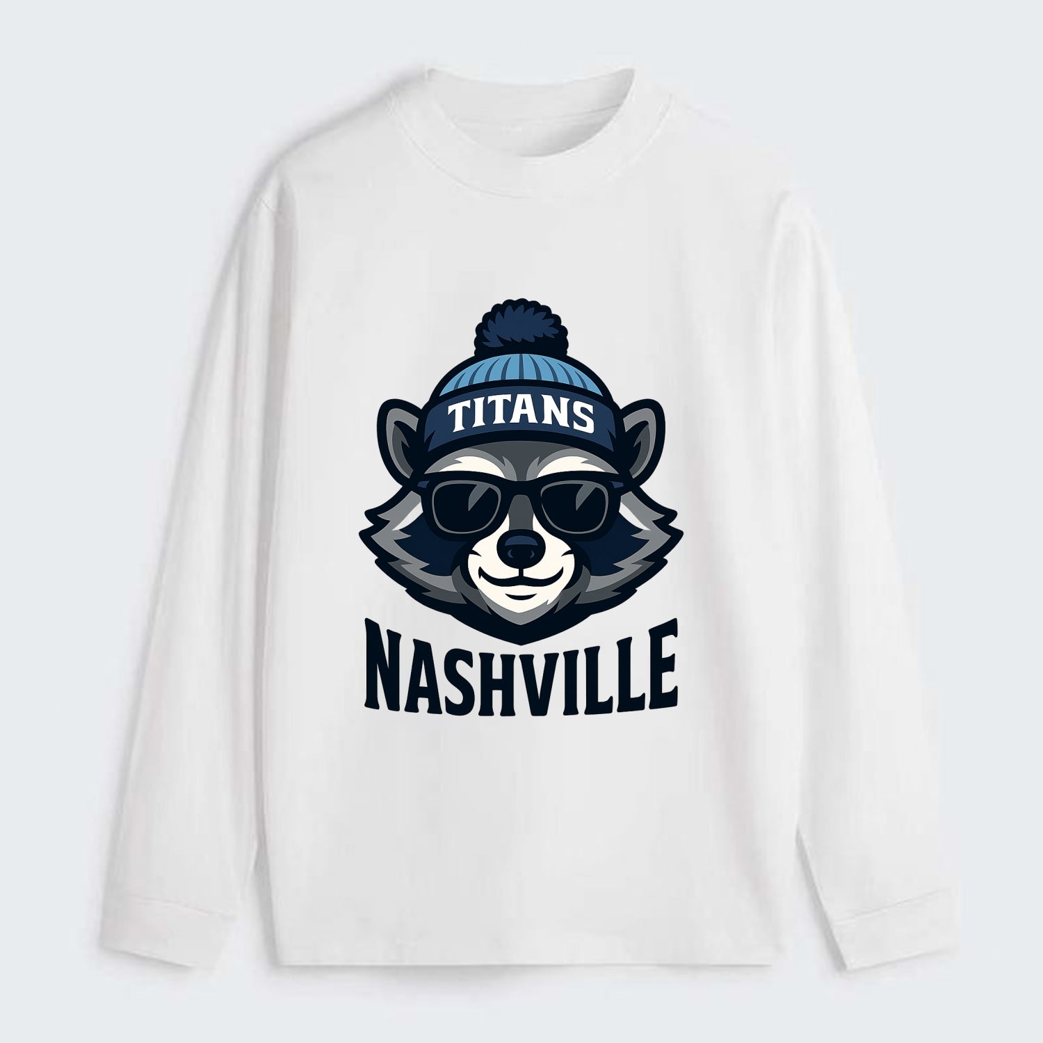 Nashville Raccoon wearing Titans navy and light blue beanie with pom - Classic Long Sleeve Shirt - White