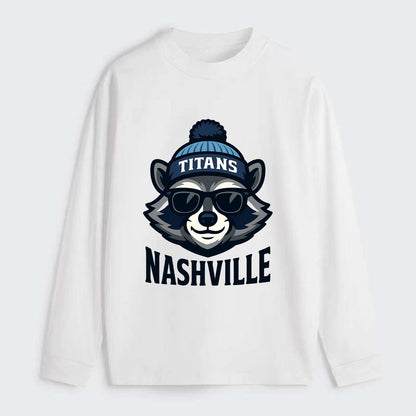 Nashville Raccoon wearing Titans navy and light blue beanie with pom - Classic Long Sleeve Shirt - White