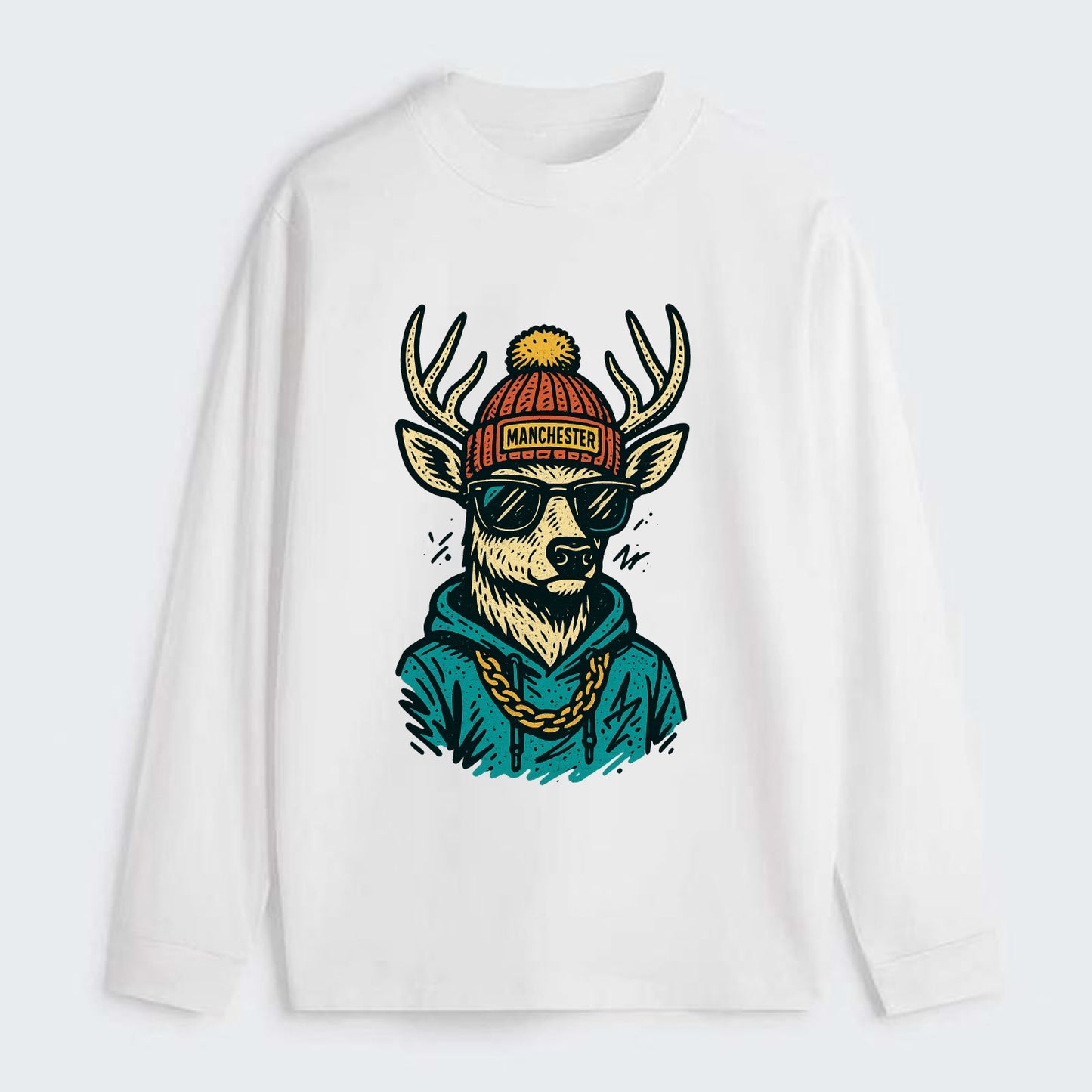 New Hampshire White-tailed Deer wearing Manchester beanie with pom pom - Classic Long Sleeve Shirt - White