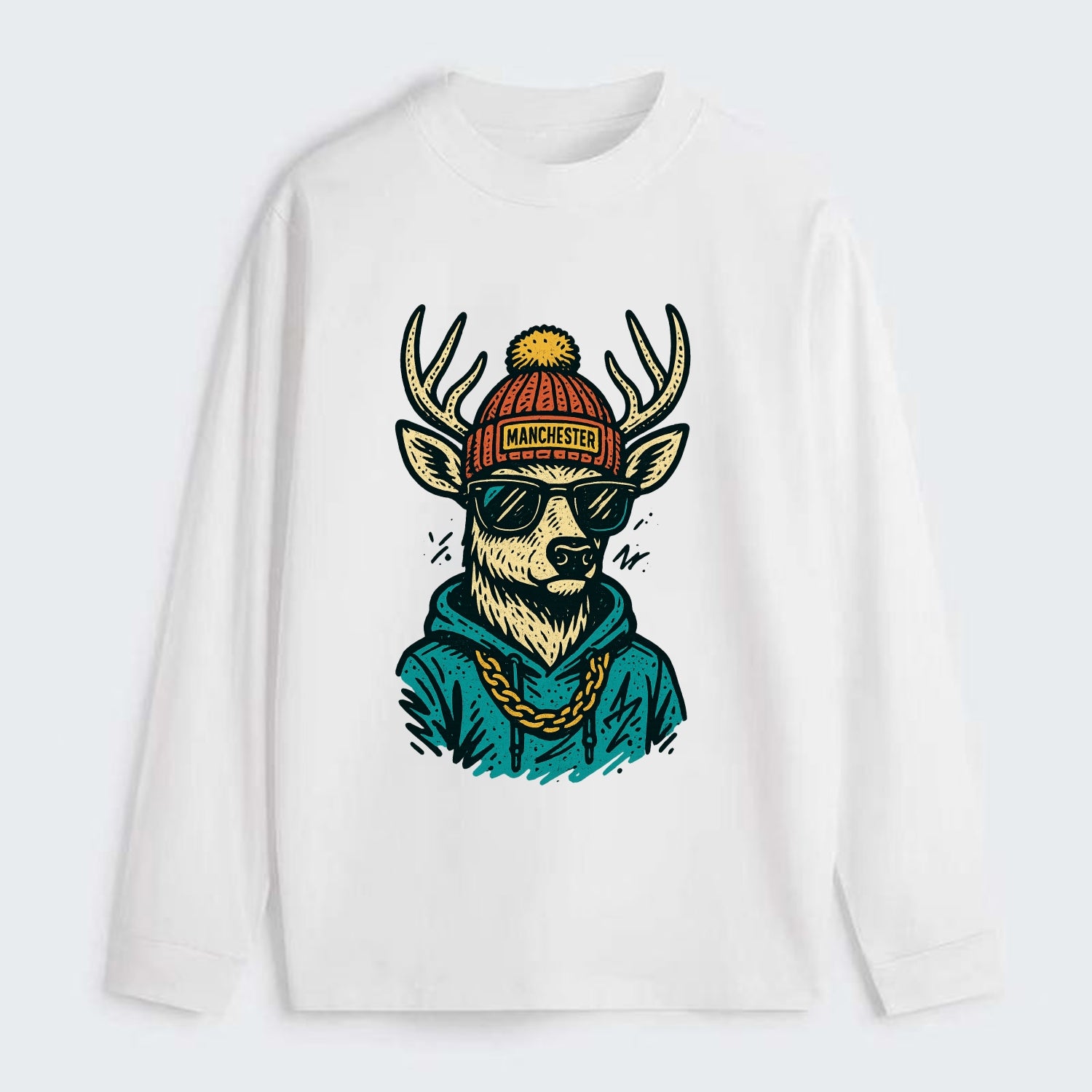 New Hampshire White-tailed Deer wearing Manchester beanie with pom pom - Classic Long Sleeve Shirt - White