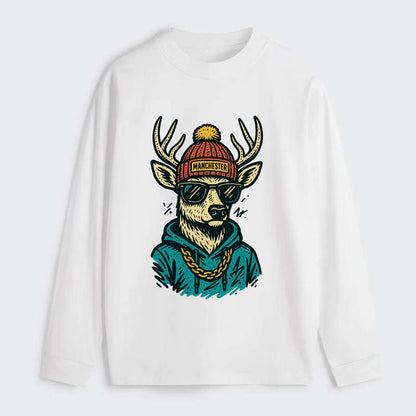 New Hampshire White-tailed Deer wearing Manchester beanie with pom pom - Classic Long Sleeve Shirt - White