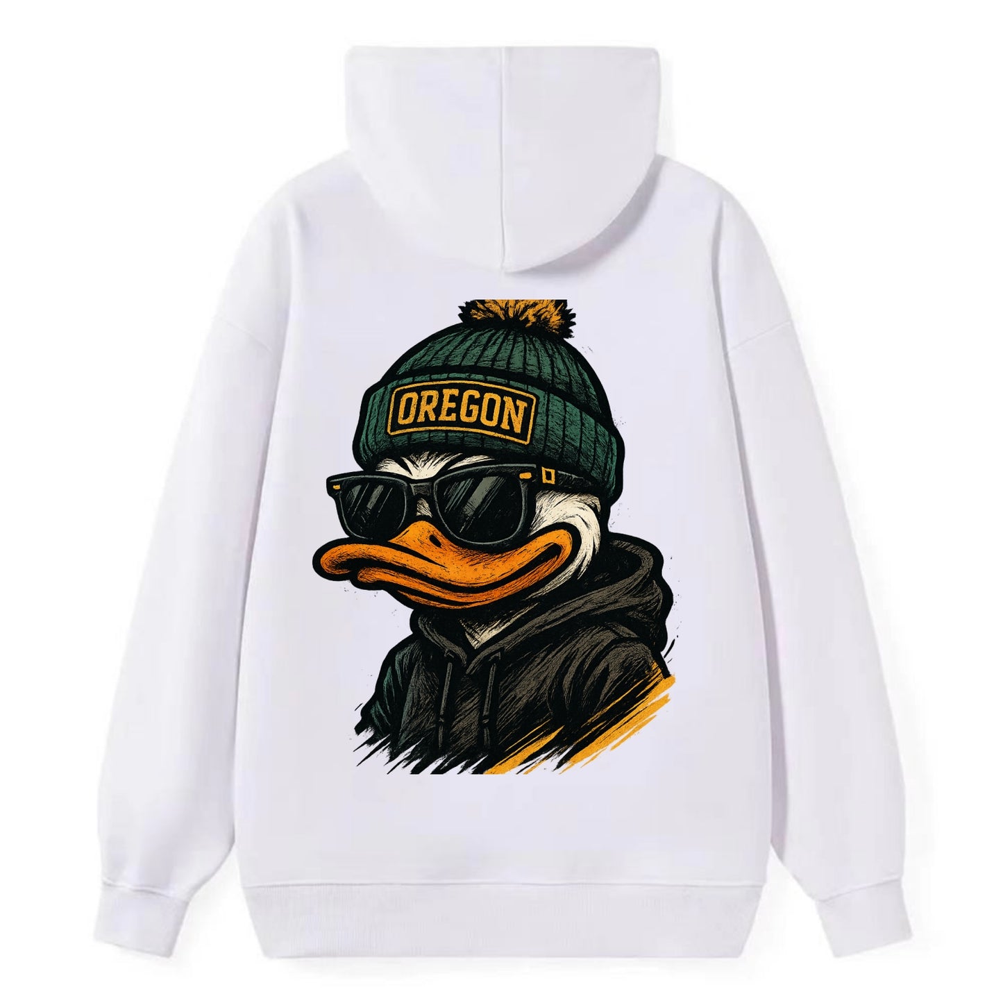 Eugene Duck wearing Oregon beanie with O patch - Classic Pullover Hoodie - White