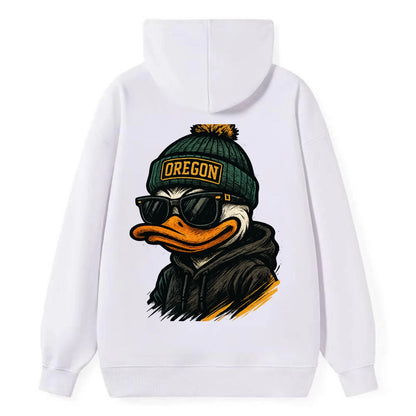 Eugene Duck wearing Oregon beanie with O patch - Classic Pullover Hoodie - White
