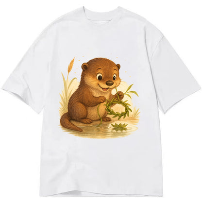 Otter weaving river reeds into a floating crown beside mirror-still water - Classic T-shirt - White