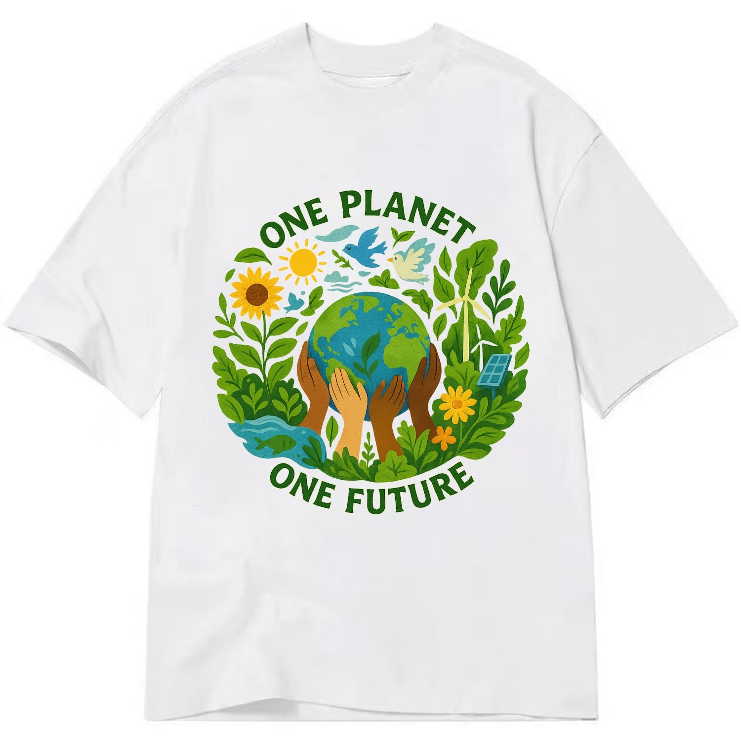 Globe surrounded by hands of all colors working together - "One Planet, One - Classic T-shirt - White