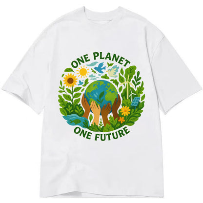 Globe surrounded by hands of all colors working together - "One Planet, One - Classic T-shirt - White
