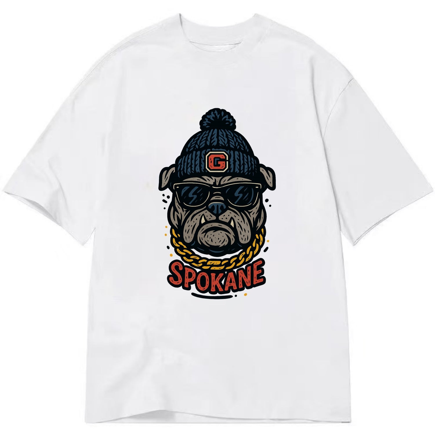 Spokane Bulldog wearing Gonzaga beanie with G patch - Classic T-shirt - White