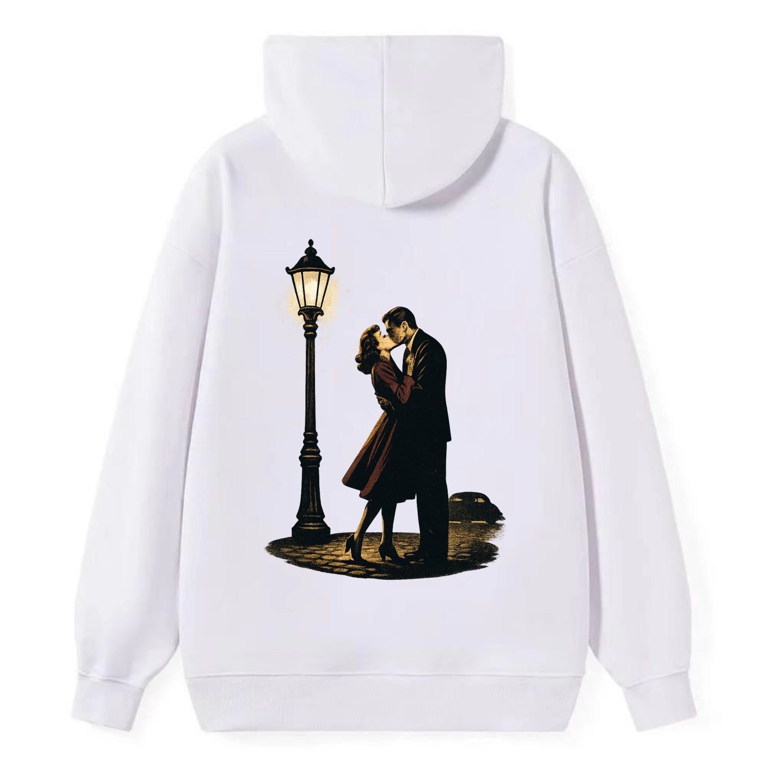 first kiss under vintage street lamp on cobblestone at night - Classic Pullover Hoodie - White