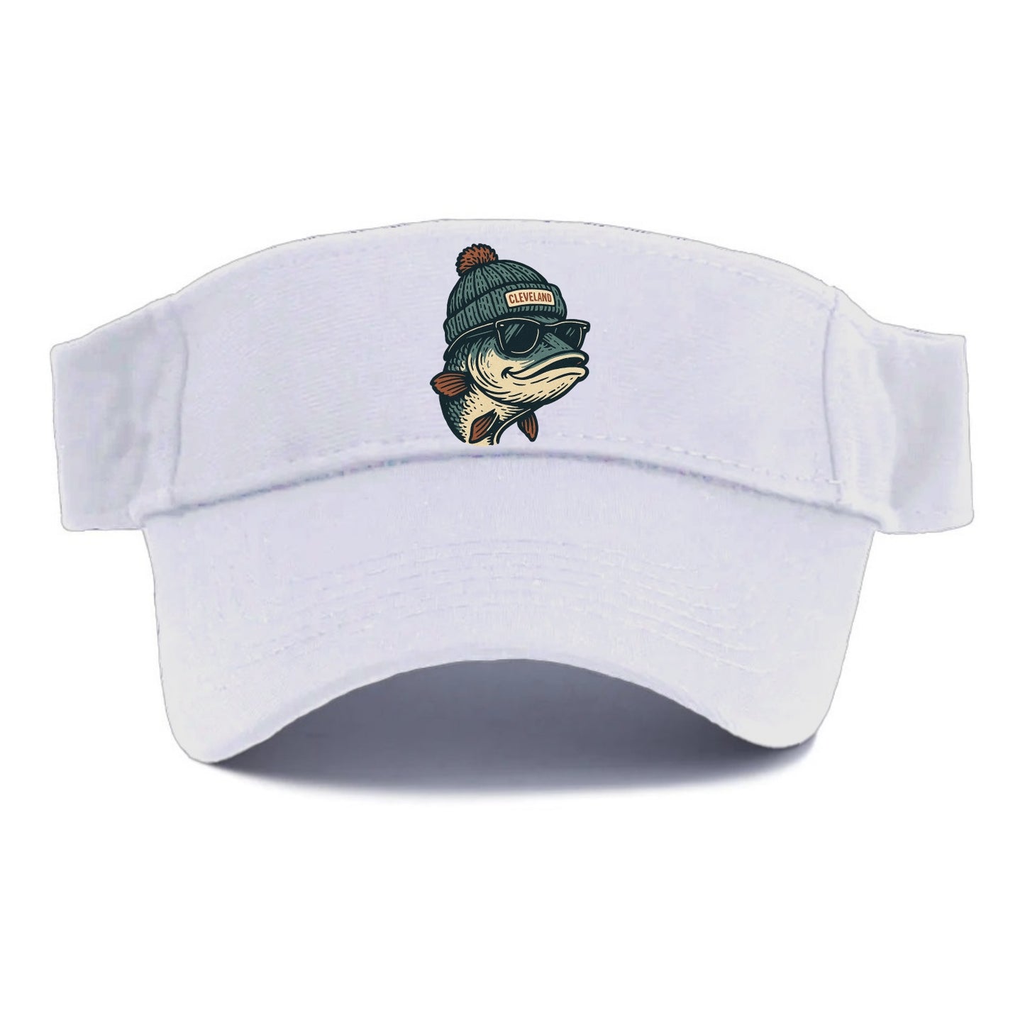 Cleveland Lake Erie Walleye wearing Cleveland beanie with pom pom and wayfarer sunglasses - Visor - White