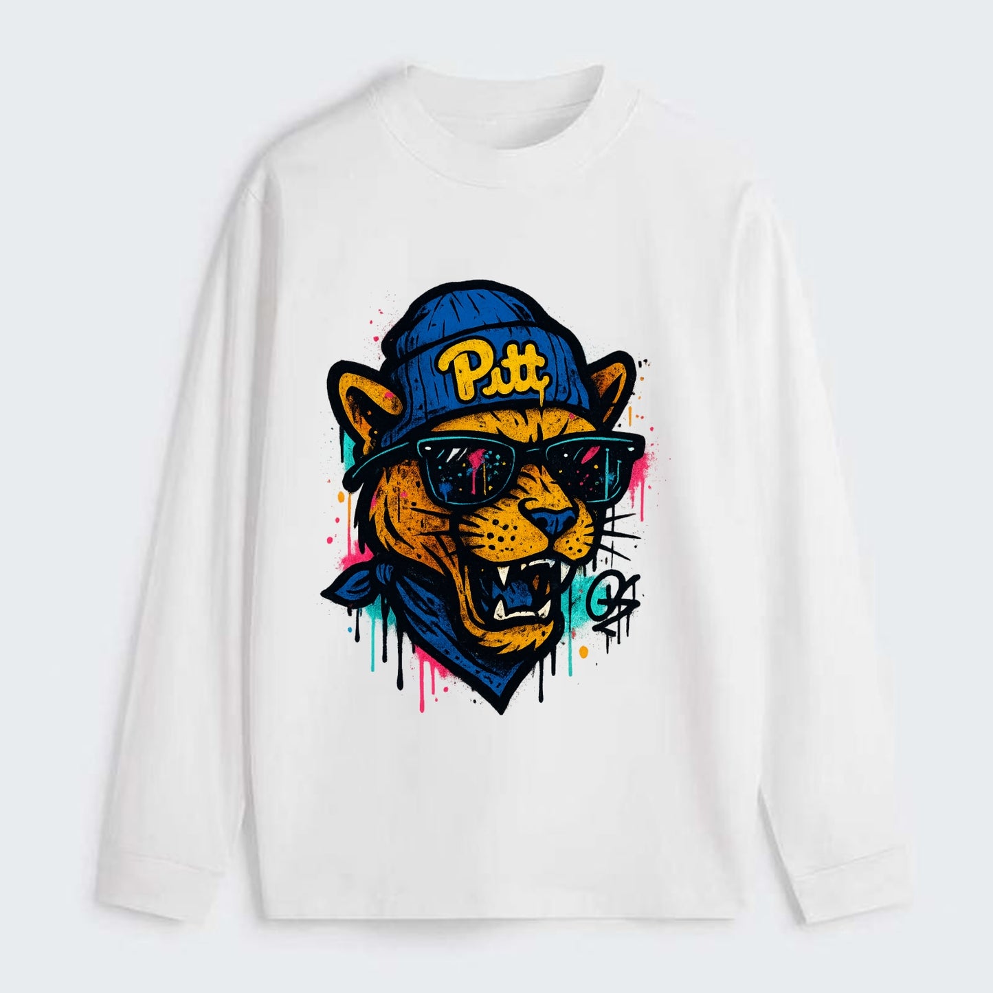 Pittsburgh Panther wearing Pitt beanie with script patch - Classic Long Sleeve Shirt - White