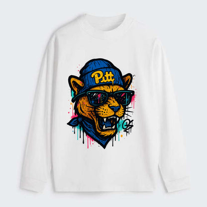 Pittsburgh Panther wearing Pitt beanie with script patch - Classic Long Sleeve Shirt - White