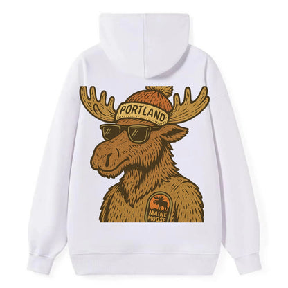 Maine Moose wearing Portland beanie with pom pom and wayfarer sunglasses - Classic Pullover Hoodie - White