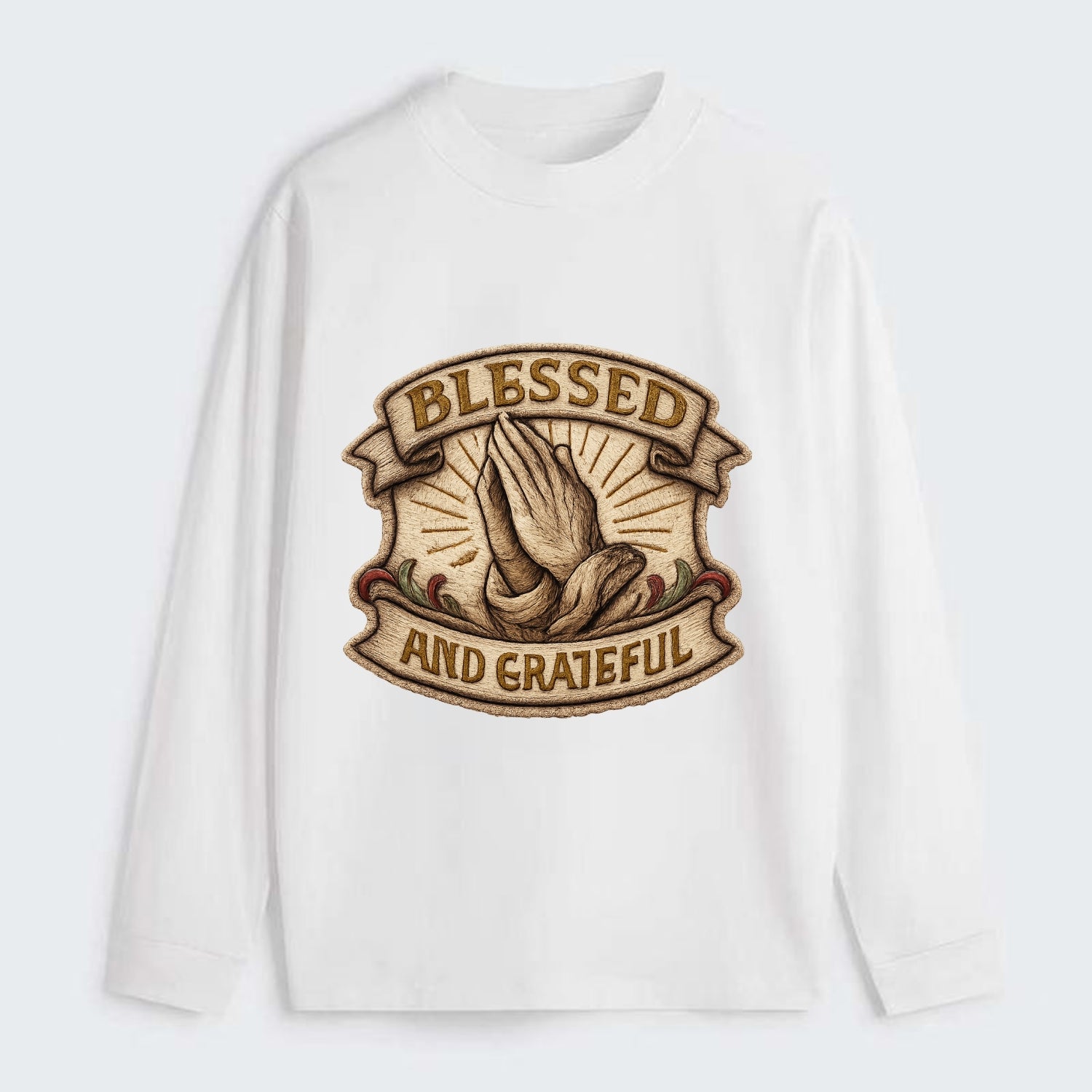BLESSED AND GRATEFUL - praying hands with text in gold , thankful - Classic Long Sleeve Shirt - White