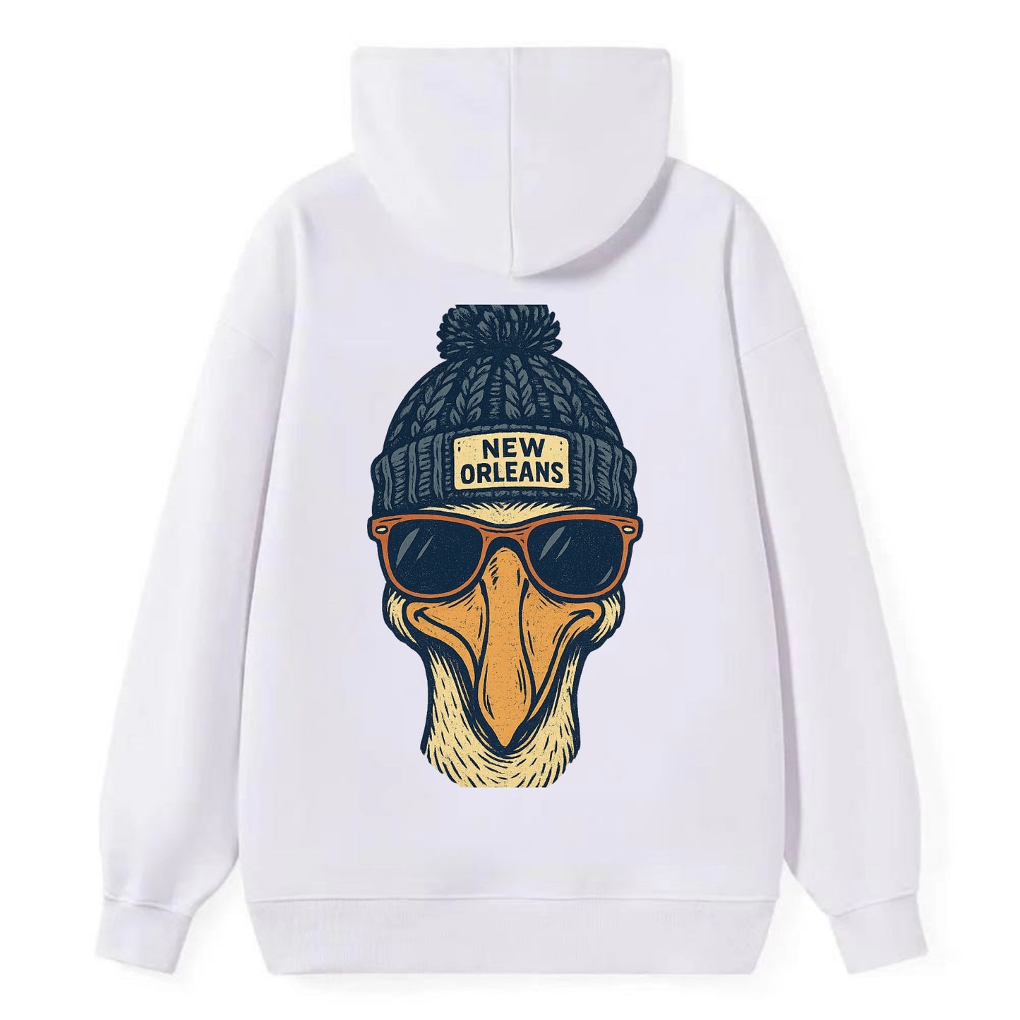 New Orleans Pelican wearing New Orleans beanie with pom pom and wayfarer - Classic Pullover Hoodie - White