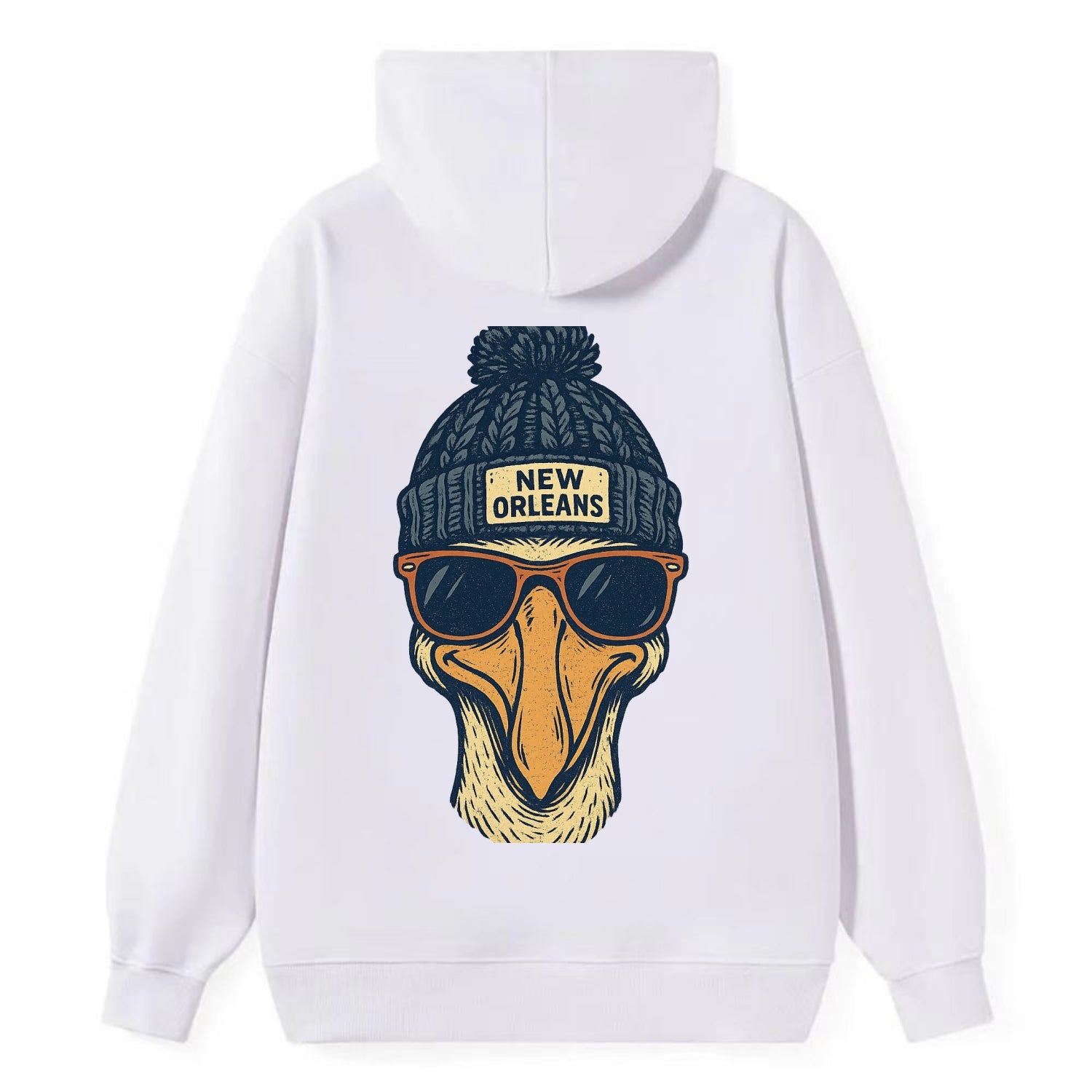New Orleans Pelican wearing New Orleans beanie with pom pom and wayfarer - Classic Pullover Hoodie - White