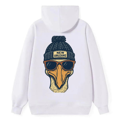 New Orleans Pelican wearing New Orleans beanie with pom pom and wayfarer - Classic Pullover Hoodie - White