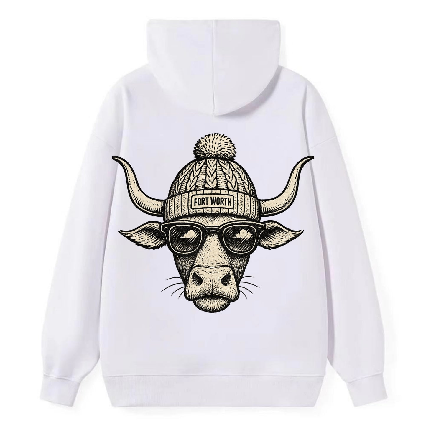 Fort Worth Longhorn wearing Fort Worth beanie with pom pom and wayfarer - Classic Pullover Hoodie - White