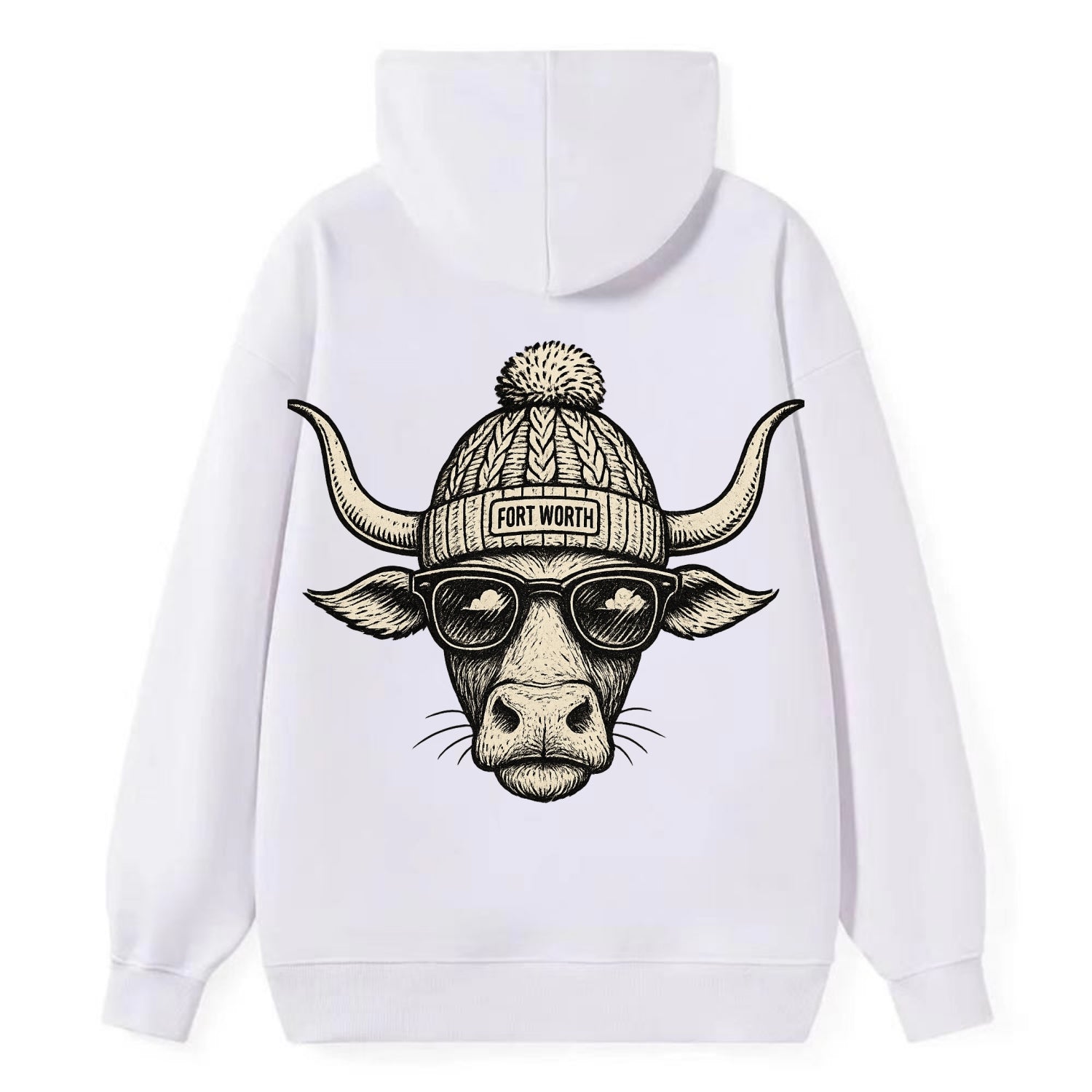 Fort Worth Longhorn wearing Fort Worth beanie with pom pom and wayfarer - Classic Pullover Hoodie - White