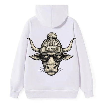 Fort Worth Longhorn wearing Fort Worth beanie with pom pom and wayfarer - Classic Pullover Hoodie - White