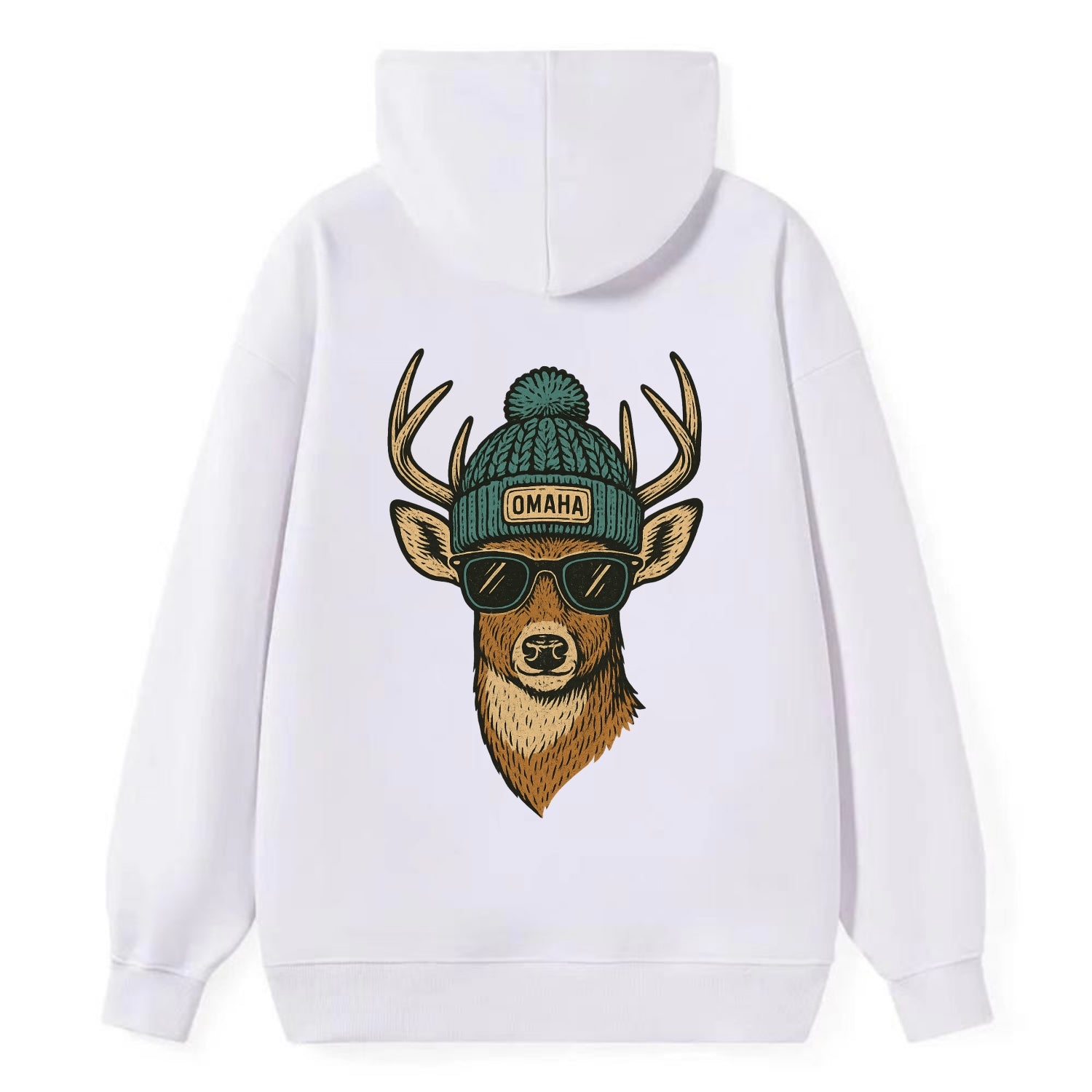 Nebraska White-tailed Deer wearing Omaha beanie with pom pom and wayfarer - Classic Pullover Hoodie - White