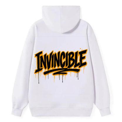 Bold typography design - "INVINCIBLE" - cannot be defeated, unconquerable - Classic Pullover Hoodie - White
