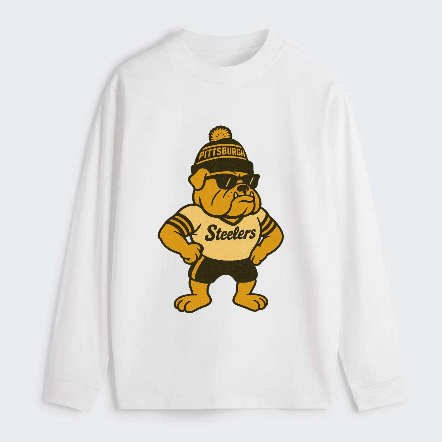 Pittsburgh Bulldog wearing Steelers black and gold beanie with pom pom - Classic Long Sleeve Shirt - White
