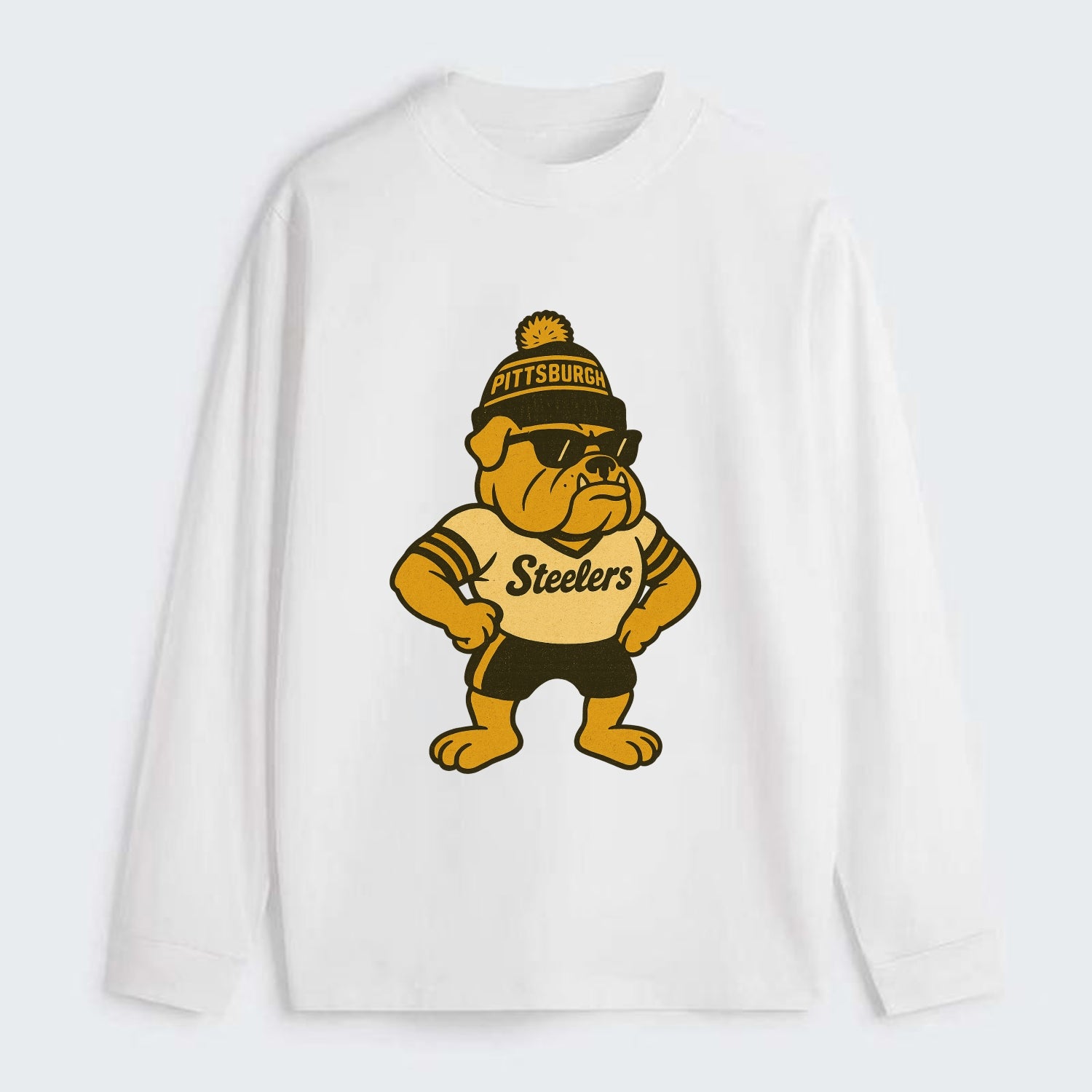 Pittsburgh Bulldog wearing Steelers black and gold beanie with pom pom - Classic Long Sleeve Shirt - White