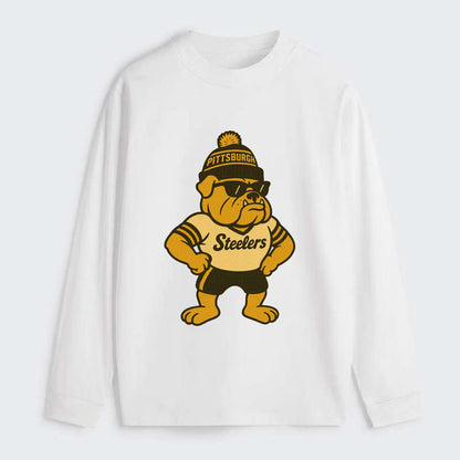 Pittsburgh Bulldog wearing Steelers black and gold beanie with pom pom - Classic Long Sleeve Shirt - White