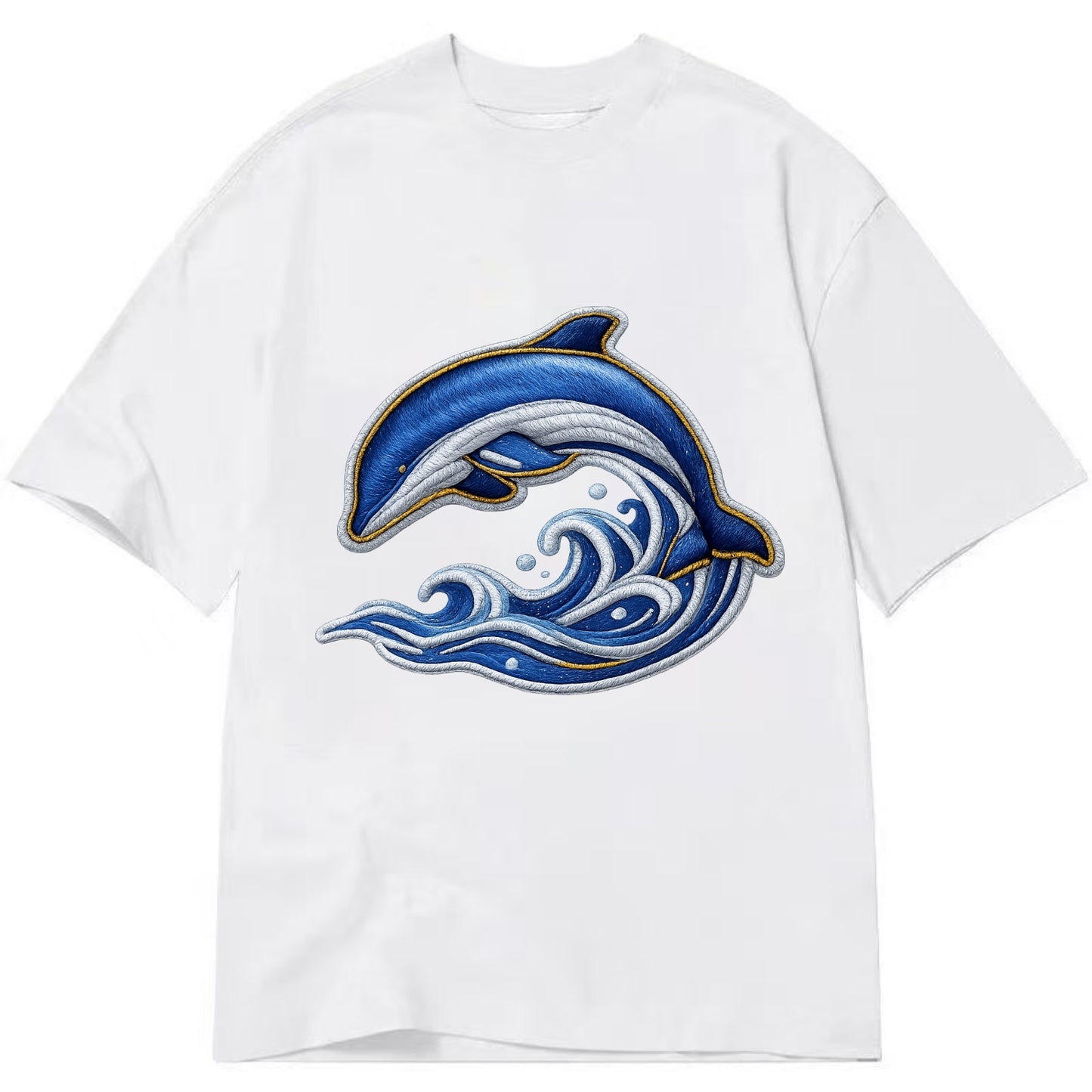Embroidered patch design - SWIMMING DOLPHIN - diving dolphin with waves in blue - Classic T-shirt - White