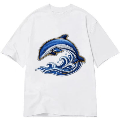 Embroidered patch design - SWIMMING DOLPHIN - diving dolphin with waves in blue - Classic T-shirt - White
