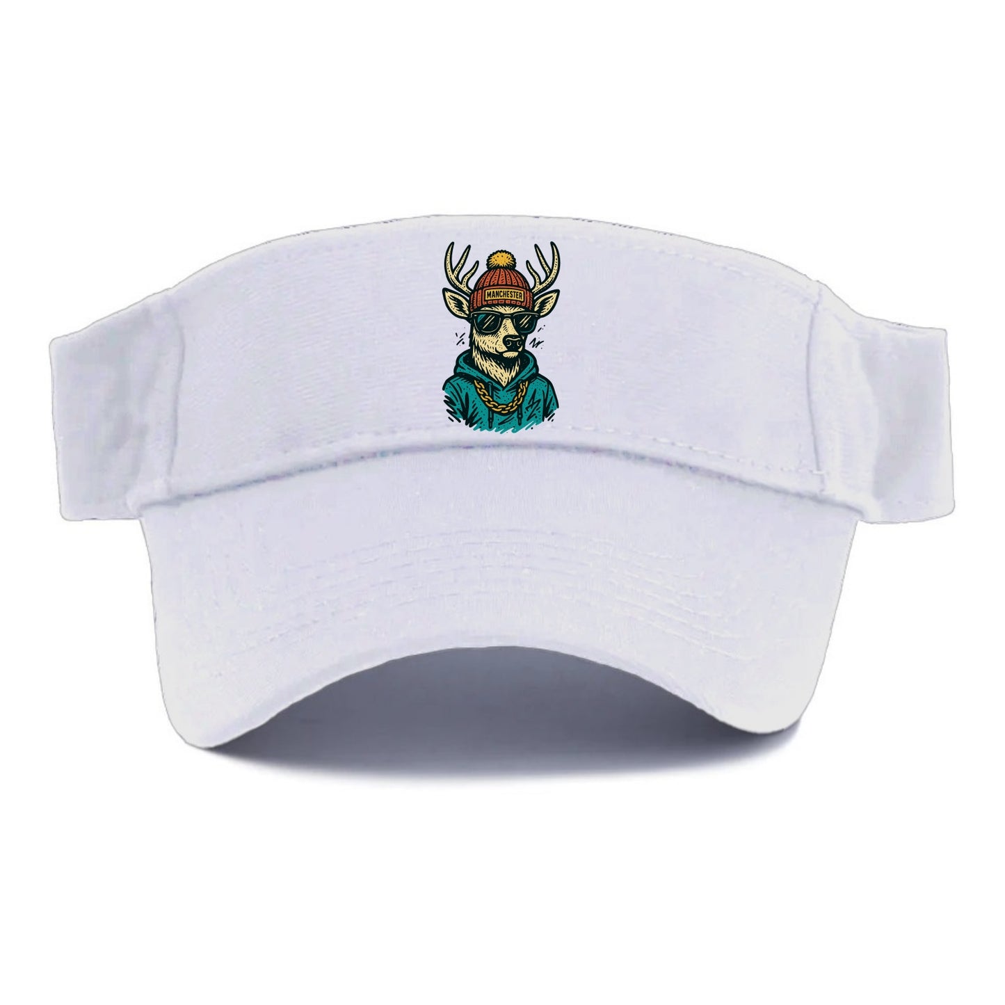New Hampshire White-tailed Deer wearing Manchester beanie with pom pom and wayfarer - Visor - White