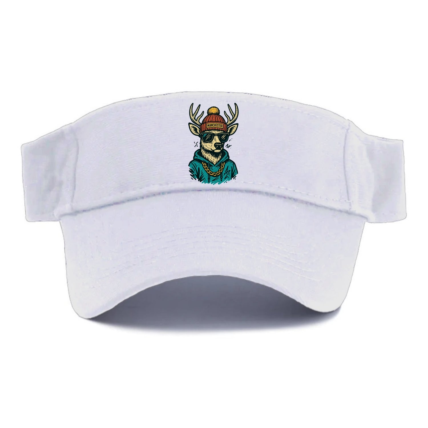 New Hampshire White-tailed Deer wearing Manchester beanie with pom pom and wayfarer - Visor - White